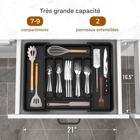 Organisateur de couverts pliable extra-large, sans BPA, apte au contact alimentaire, réglable pour tiroir de cuisine, pour cuillères, fourchettes et couteaux, noir. (1/5)