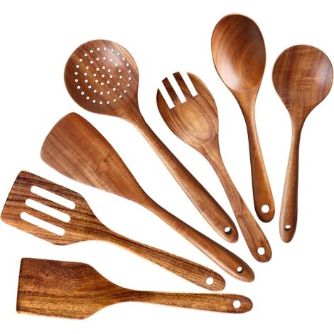 Ensemble de 7 ustensiles de cuisine en bois d'acacia non toxique pour poêles antiadhésives. (1/5)