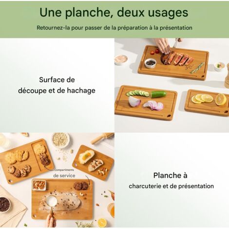 Planche à découper robuste en bambou avec rainure profonde et poignée. Idéale pour la viande, les légumes et les fruits. Un cadeau parfait pour la cuisine. (1/5)