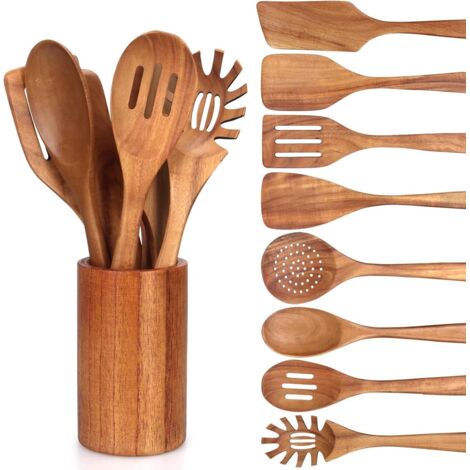 Ensemble de 9 ustensiles de cuisine en bois de teck avec support, comprenant des spatules, des cuillères, une écumoire et une cuillère à pâtes. (1/5)
