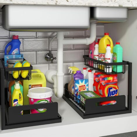 Organisateur sous évier, tiroir coulissant, double étagère coulissante, pour cuisine et salle de bain, couleur noire, lot de 2.