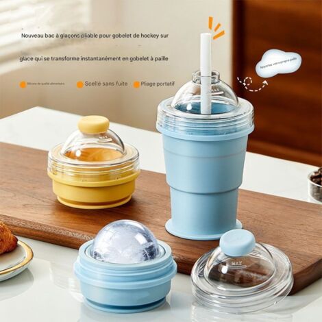 Gobelet à glaçons pliable portable en silicone alimentaire, lot de 2, moule à boules de glace intégré, paille incluse, idéal pour l’été et les déplacements (1/5)