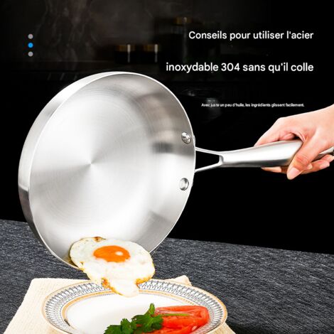 Poêle à frire en acier inoxydable 304, triple couche composite, sans revêtement, compatible induction et gaz, ustensile de cuisine sain pour omelette, steak et crêpes (1/5)