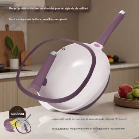 Coffret 6 woks céramique titane violet taro, antiadhésif, compatible induction/gaz, avec accessoires (1/5)