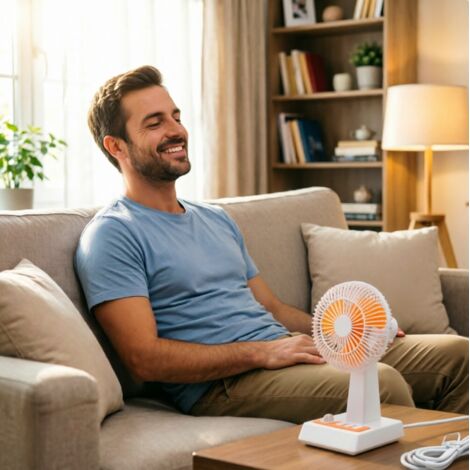 Ventilateur de table Aigostar 8 pouces, 3 pales, 3 vitesses, alimentation USB sans batterie, design blanc et orange, ventilateur compact pratique pour bureau et chambre (1/2)
