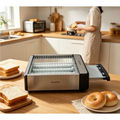 Grille-pain électrique Aigostar 1000W en acier inoxydable, 6 niveaux de température réglables, appareil multifonction idéal pour le petit déjeuner à la maison (1/3)