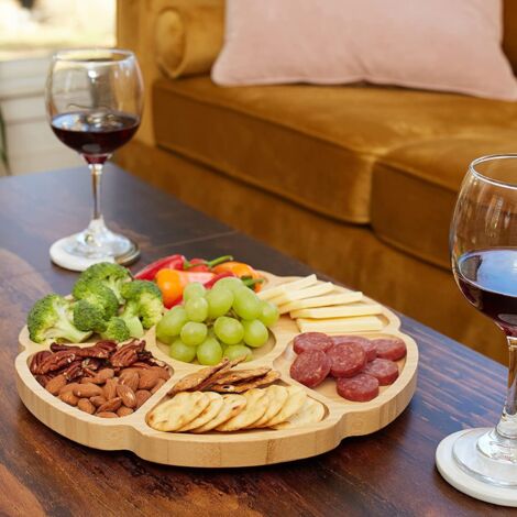 Plateau de rangement tournant en bambou naturel, 6 compartiments de rangement modulable, plateau multifonction pour fruits, noix et apéritif, dimension 24,5 x 24,5 x 1,7 cm, design élégant pour salon 