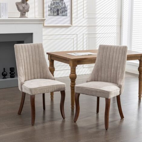 Lot de 2 Chaises de Salle à Manger Style Channel en Tissu Floqué Rayonne Rembourré, Pieds Incurvés en Bois Massif, Design Confortable Moderne Couleur Beige (1/3)