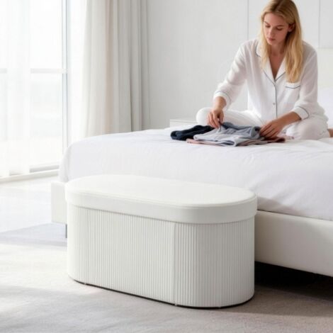 Banc de rangement pliable au fini velours crème, compact et léger, design astucieux gain de place pour salon et espace de vie (1/3)
