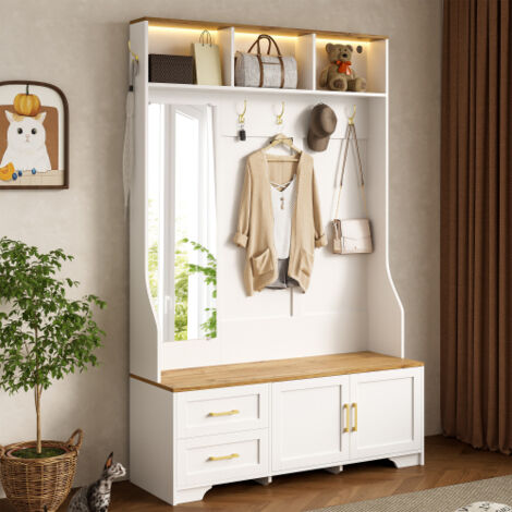 Meuble d'entrée multifonctionnel en MDF structure métallique, avec éclairage LED, miroir, crochets et tiroirs, armoire moderne spacieux pour couloir et hall