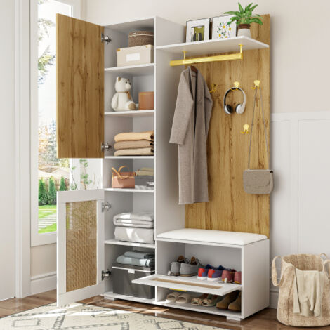 Ensemble dressing d'entrée luxe en panneau de bois, miroir, patères dorées et éclairage LED 16 couleurs, ambiance moderne pour hall