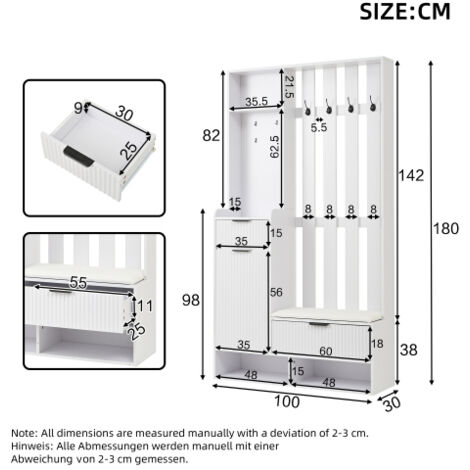 Porte-manteau 6 en 1 en panneau de bois blanc, 8 crochets, banc à chaussures et étagères, système anti-basculement, armoire compacte pratique pour la maison (1/3)