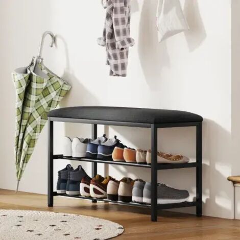 Banc à chaussures noir avec assise rembourrée et 2 compartiments de rangement ouverts, compact et fonctionnel pour entrée et couloir (1/3)