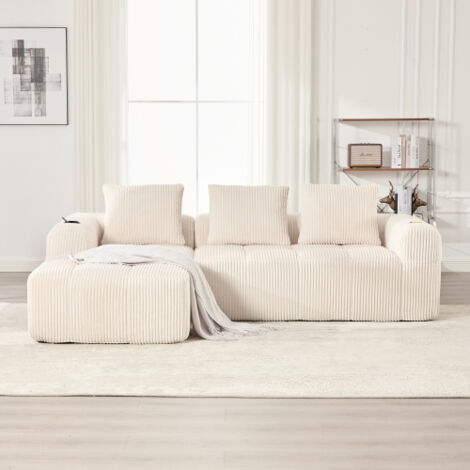 Canapé Compact Individuel en Velours Côtelé Doux Modulable Poche Latérale et Porte-Gobelet 3 Coussins Confort Quotidien Pratique et Agréable pour Salon Bureau