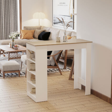 Table de Bar Haute 2 Places Mange-Debout 4 Étagères 115x50x102.7 cm Blanc Bois Naturel (1/5)