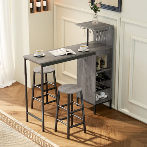 Ensemble Table de Bar Mange-Debout Lot de 2 Chaises Bar Étagères Casier Vin Bois Naturel (1/5)