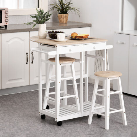 HOMCOM Ensemble Table de Bar Pliable Lot de 2 Tabourets Étagère Tiroirs Roulettes Bois Pin MDF Blanc Chêne Clair (1/5)