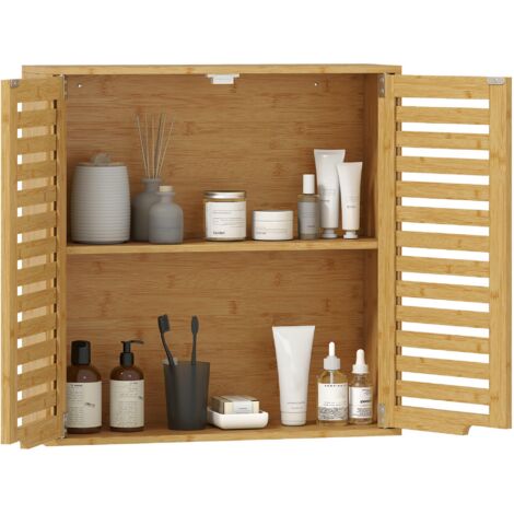 Armoire de salle de bain murale en bambou avec portes à lattes respirantes, étagère réglable, 60 x 20 x 60 cm, bois naturel (1/5)