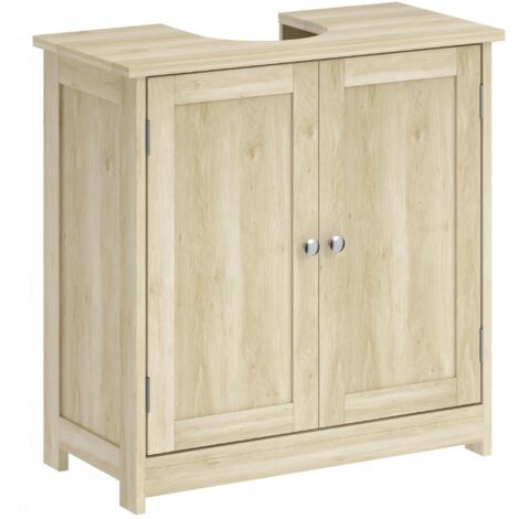 Meuble-lavabo à effet chêne 60×30×60 cm, 2 portes avec étagère réglable et découpe en U, meuble sous-vasque fonctionnel pour salle de bain (1/5)