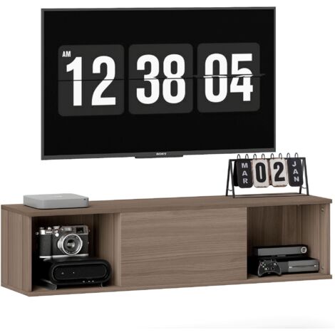 Meuble TV suspendu, Armoire murale avec 2 compartiments ouverts et porte rabattable, 120 x 30 x 29,5 cm, marron (1/5)