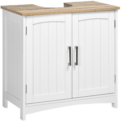 Meuble vasque bois et blanc, 2 portes et étagère réglable, meuble sous-vasque fonctionnel, dimensions 60×33×60 cm (1/5)