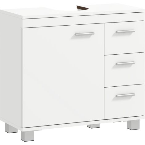 Meuble sous lavabo, meuble de salle de bain avec 3 tiroirs et porte à fermeture amortie, 70 x 30 x 64 cm, blanc (1/5)