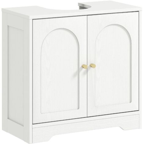 Meuble vasque de salle de bain avec 2 portes et étagère réglable sur 3 niveaux, en bois, 60 x 30 x 65 cm, blanc (1/5)