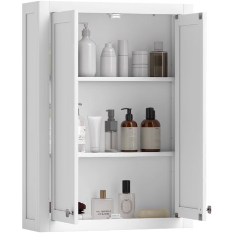 Meuble de salle de bain mural en bois avec 2 étagères réglables sur 3 niveaux, 61 x 20 x 84 cm, blanc (1/5)