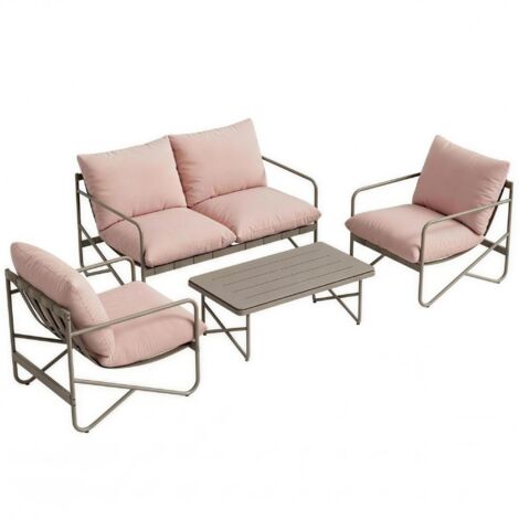 Ensemble de jardin quatre personnes : canapé, fauteuil, table, matériau métallique, rose. (1/5)