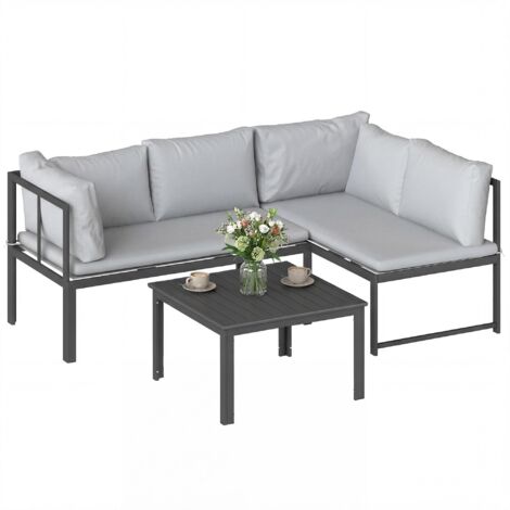 Ensemble de jardin 3 pièces comprenant un canapé d'angle 4 places et une table basse à lattes, en métal et polyester gris (1/5)