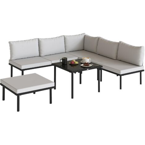 Salon de jardin extérieur d'angle modulable 6 personnes, table basse avec plateau en verre trempé, gris clair (1/5)