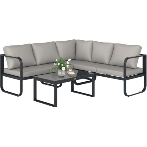 Ensemble de jardin 3 pièces comprenant un canapé convertible 3 places, un canapé 2 places et une table basse d'extérieur, gris et noir. (1/5)