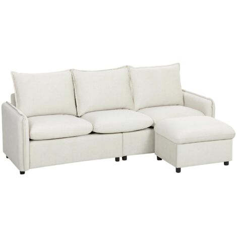 Canapé d'angle modulable 3 places en tissu respirant effet cuir avec repose-pieds, rangement et coussins, couleur crème (1/5)