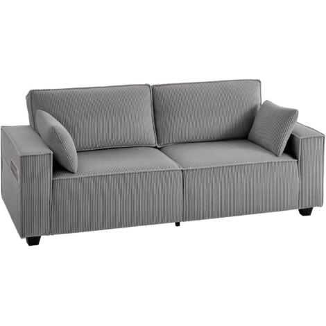 Canapé 3 places de 218 cm, canapé moderne en velours côtelé avec ressorts ensachés, larges accoudoirs et 2 coussins, gris clair (1/5)