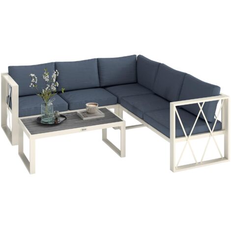 L'ensemble de mobilier de jardin d'angle gris comprend un fauteuil, deux canapés rembourrés et une table basse. (1/5)