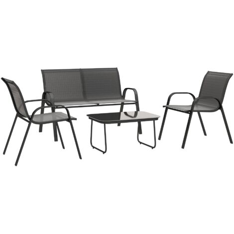 L'ensemble de mobilier de jardin noir comprend un canapé deux places, deux fauteuils empilables et une table basse en verre. (1/5)