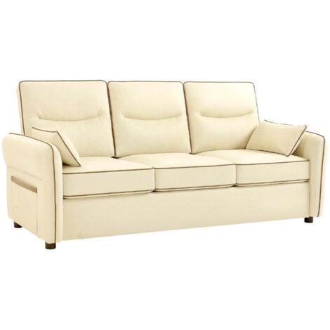 Canapé 3 places en similicuir beige, rembourrage épais, poche latérale et 2 coussins inclus, 190 x 83 x 90 cm. (1/5)