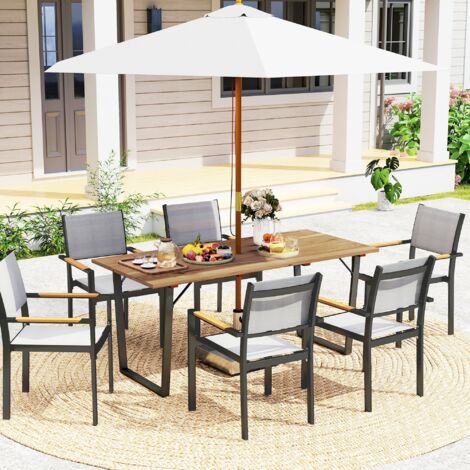Table de jardin rectangulaire pour 6 places avec trou pour parasol, bois et acier, 175x80x75 cm, marron