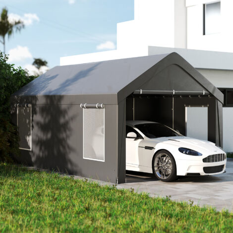 Carport tente de garage 3 x 6 m avec parois latérales amovibles, 2 portes enroulables et 4 fenêtres, gris foncé