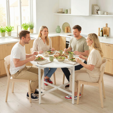 Table à manger pliante de cuisine ronde Ø80cm pour 4 personnes, 2 abattants pieds en acier, blanc