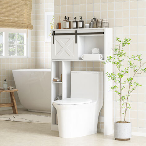 Meuble de rangement au-dessus des toilettes avec porte coulissante. Meuble étagère dessus WC. étagère réglable. blanc