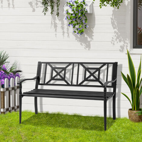 Outsunny Banc de jardin 2 places banquette extérieur terrasse patio dossier haut assise à lattes accoudoirs confortables acier 128 x 62.5 x 81.5 cm noir