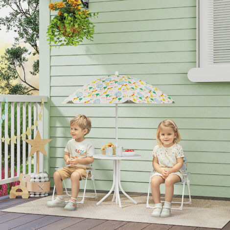 Ensemble salon de jardin extérieur enfant 4 pièces. motif éléphant et girafe. parasol réglable Ø 100 cm. chaise pliable