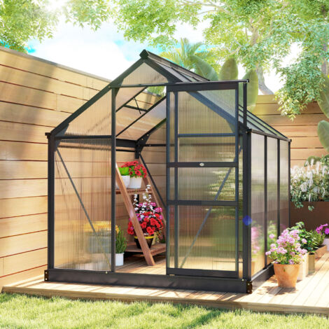 Serre de jardin polycarbonate 3.65m² 190 x 192 x 201 cm résistant aux UV fondation renforcé gouttière Gris