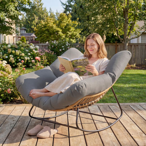 Fauteuil à Bascule Papasan Intérieur Extérieur. Chaise Ovale à Bascule Rembourrée pour Jardin. Patio. Gris