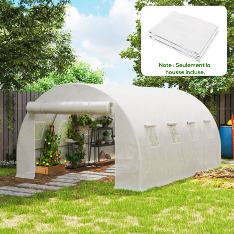 Bâche de rechange serre tunnel 12 m² 4 x 3 x 2 m PE anti-UV imperméable 8 fenêtres + porte enroulable zippée blanc