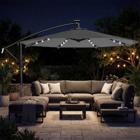 Parasol Déporté Parasol de Jardin LED Solaire 32 Lampes LED Manivelle UV 50+ et Housse de Protection Ø 295cm Gris