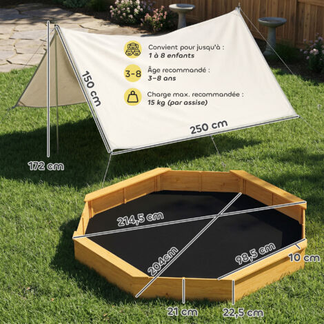AIYAPLAY Bac à Sable Octogonal En Bois – 500 L – Avec Auvent Et 4 Bancs – Pour 8 Enfants – 3-6 Ans – Jaune