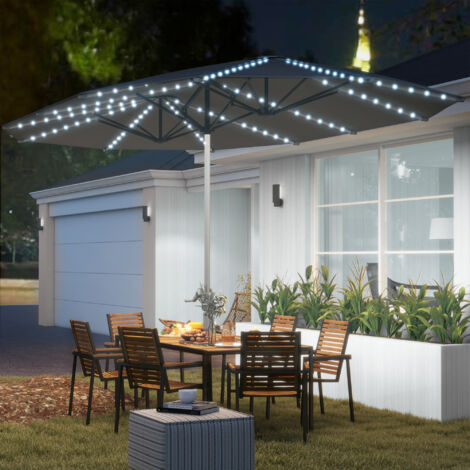 Parasol double avec éclairage solaire. aluminium et polyester. protection UPF50+. résistant aux UV. parasol de terrasse. gris foncé