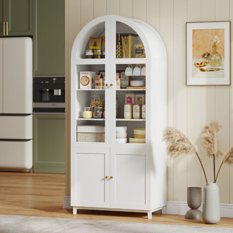 Armoire de cuisine, vaisselier vitrine avec 4 portes dont 2 en acrylique et étagères réglables, 78 x 40 x 180 cm, blanc